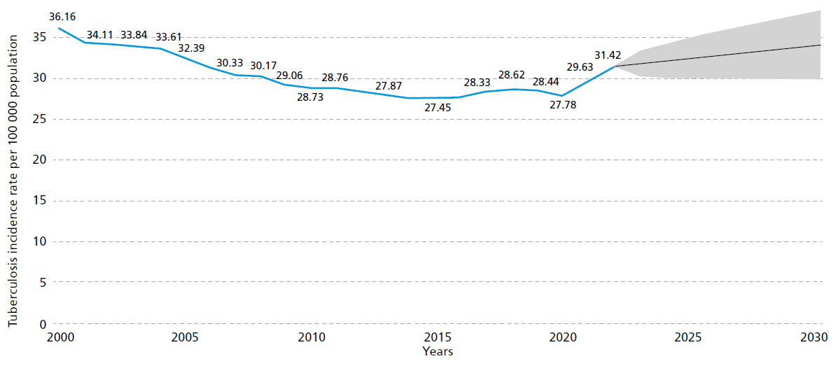 Graph showing the evolution of the uberculosis incidence rate in the Region of the Americas