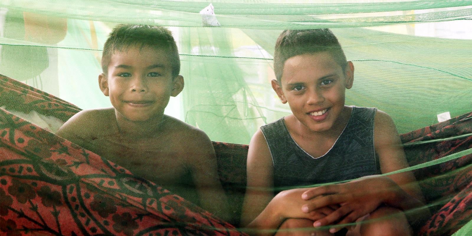 Two boys under a mosquito net